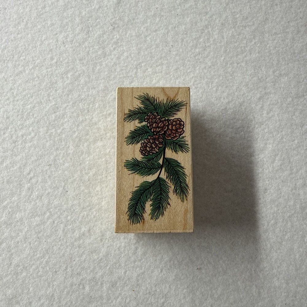 All Night Media Pine Bough 258G Rubber Stamp Vintage 1996 Pinecones Wood Mount